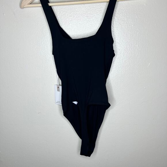 Good American Good Touch Thong Bodysuit Small Vneck Black Ruched Jersey Knit New - Picture 4 of 10